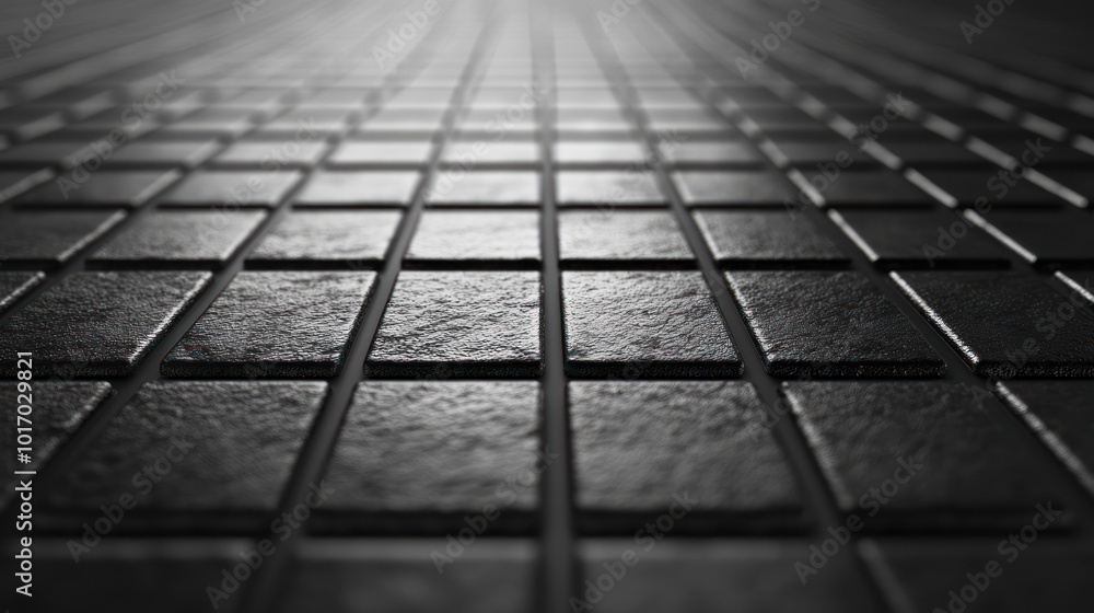 Poster a close-up view of a textured tiled floor, emphasizing depth and light play.