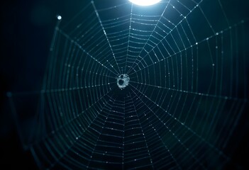 Fototapeta premium A close-up of a cobweb at night, illuminated by soft moonlight, with a dark background, highlighting the intricate details of the web and the tiny droplets of water create with ai