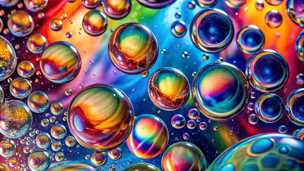 Poster various colorful bubbles float in a liquid, showcasing intricate patterns and reflections. the backg