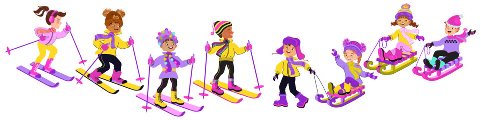 Set of diverse multiethnic boys and girls with ski and sled. Cute cartoon children in bright winter clothes. Set of happy kids ready for outdoor activity. Vector flat illustration. © veye