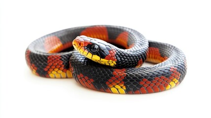 Obraz premium A detailed shot of a brightly colored coral snake, coiled and ready to strike, isolated on a stark white background to emphasize its deadly nature.