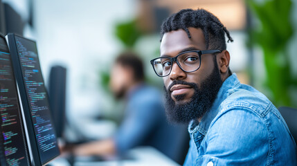 Obraz premium A modern tech office showcases a diverse group of developers. The main focus is on a bearded Black software engineer, wearing glasses and a denim shirt, working intently at his sta