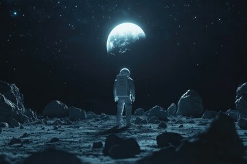 Obraz premium Lone Astronaut Gazing at Earth from Moon Surface