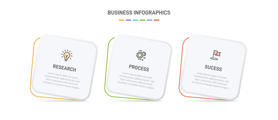 3 clean infographic design shaped elements template, symbolizing the three stages of business strategy and progression. Progress bar or timeline. Vector for presentation, web site or app.