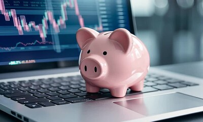 A piggy bank sits on a laptop keyboard, representing key themes of personal finance, savings, and investment strategies essential for financial literacy in 2023