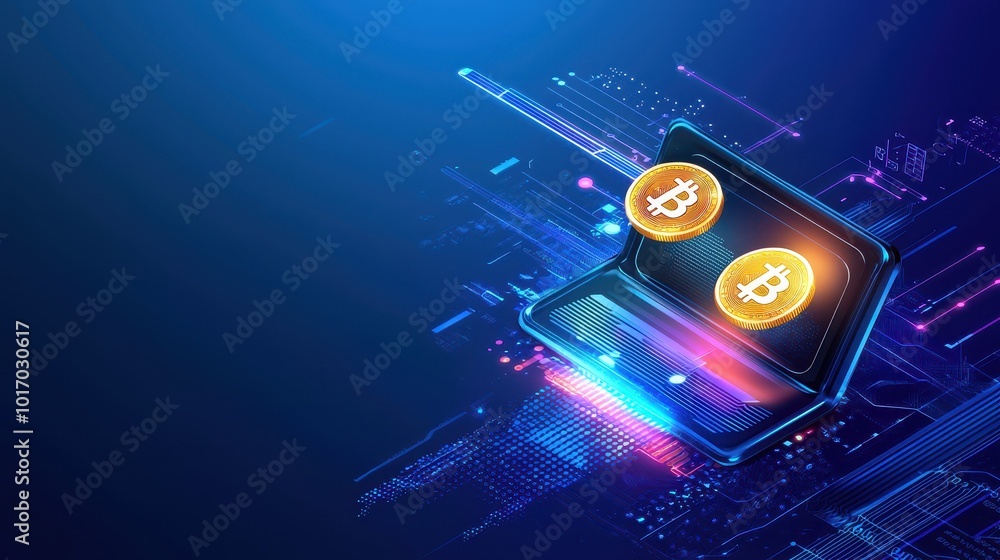 Poster an isometric view of a digital wallet with cryptocurrency coins flowing into it, symbolizing secure 