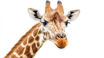 Obraz premium A giraffe lowering its neck gracefully, with its distinctive spots and long eyelashes clear against a plain white background.