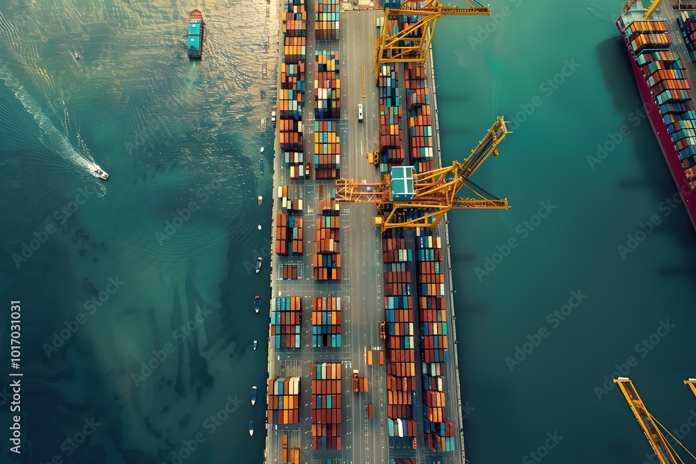 Poster aerial view of a busy shipping port with colorful containers and cranes
