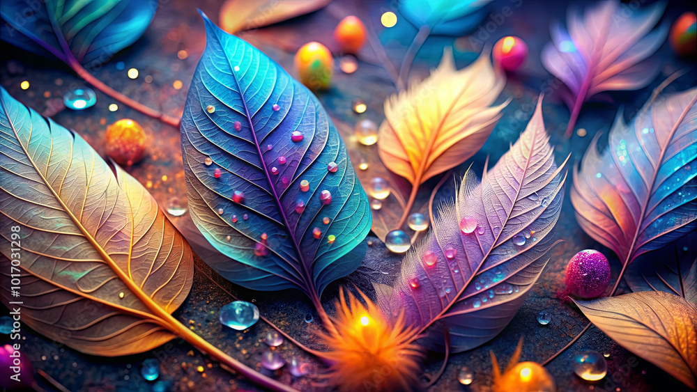 Poster colorful leaves with sparkling dew drops and tiny orbs are artistically arranged on a dark backgroun