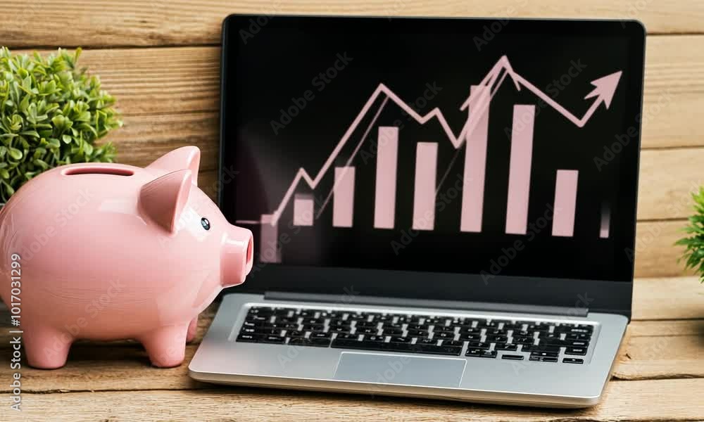 Poster this presentation highlights key financial trends using a digital dashboard and a piggy bank symboli