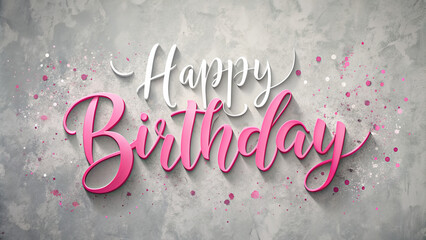 A colorful birthday greeting features bold pink and elegant white letters on a textured gray background, ideal for party decorations and celebrations