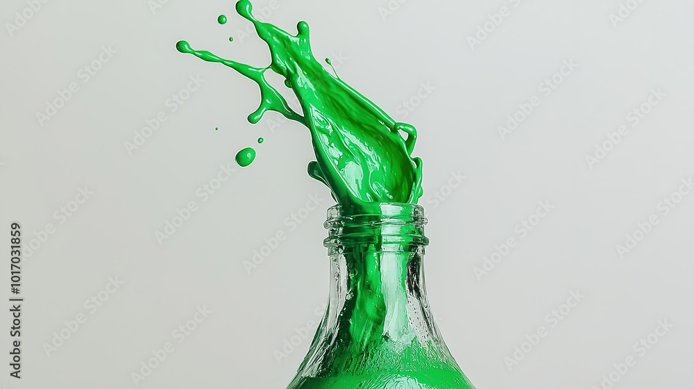 Poster green liquid splashing from an open glass bottle against a neutral background in a dynamic motion