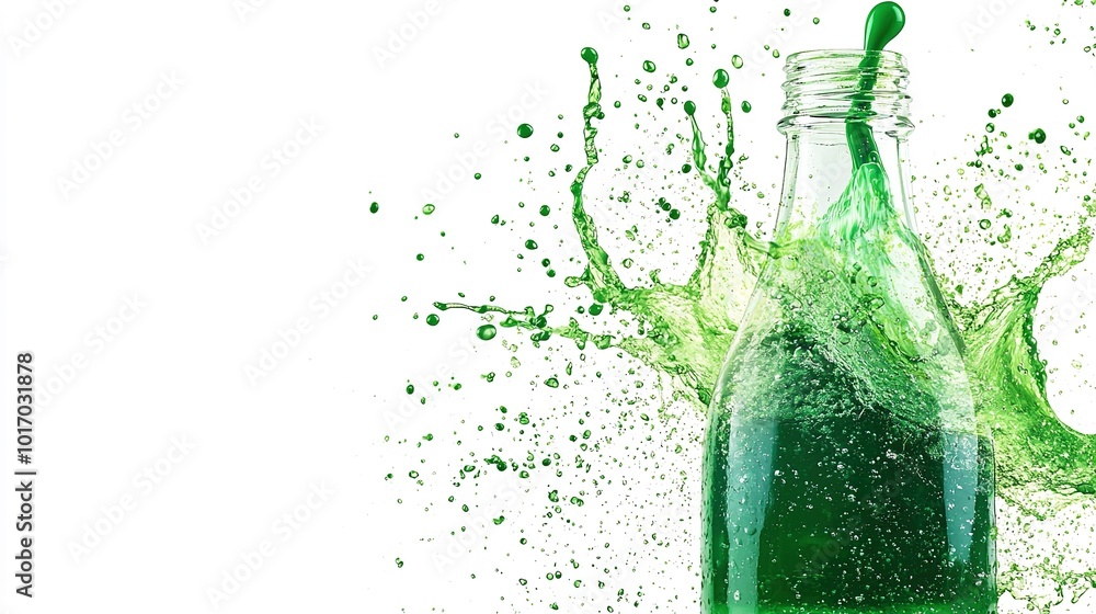 Poster a green liquid splashes dramatically from a clear bottle creating an energetic display against a whi