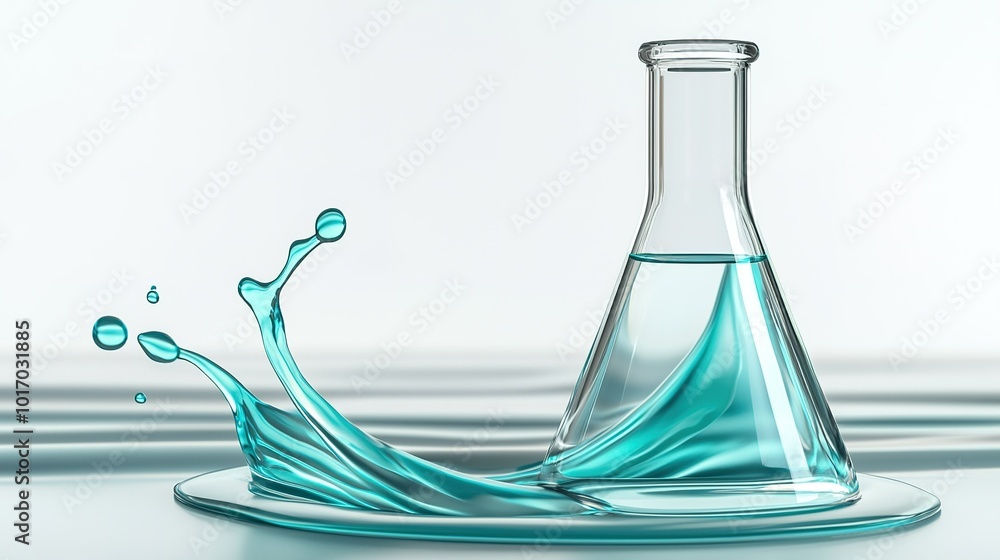 Poster laboratory flask with turquoise liquid splashing on a flat surface in a bright, minimal setting