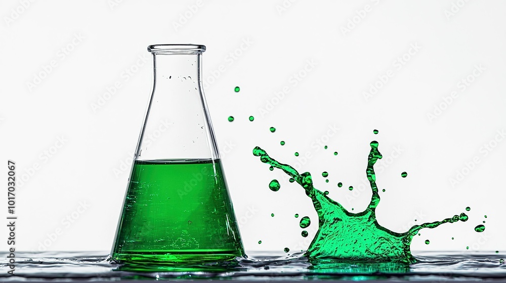 Poster green liquid splashes out of a laboratory flask on a clear background during an experiment in a scie