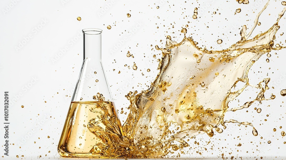 Poster laboratory flask splashing liquid against a white background during an experiment showcasing scienti