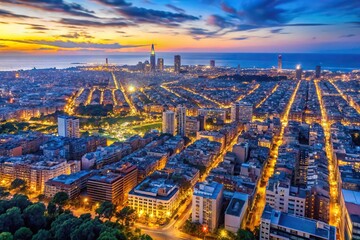 Obraz premium Barcelona skyline captured during blue hour from aerial view