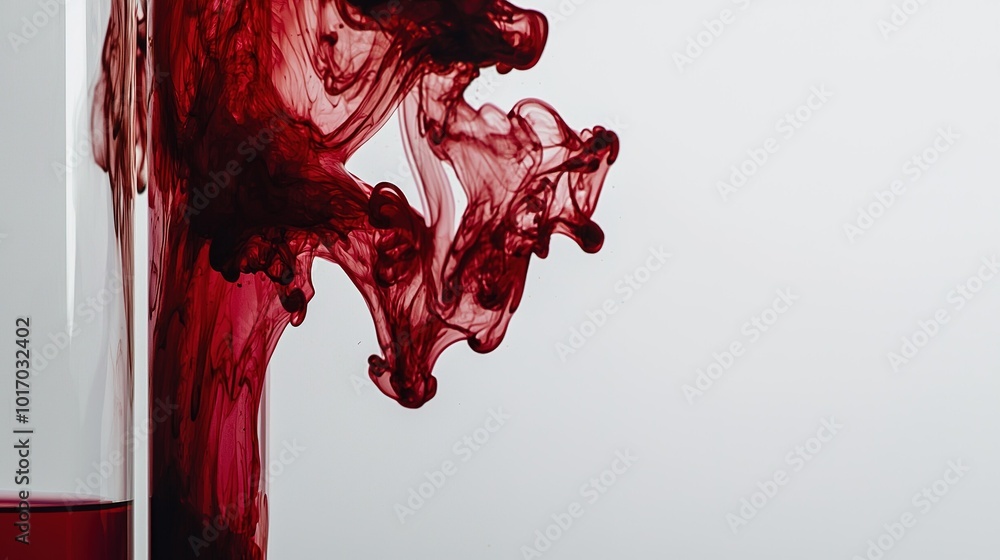 Poster swirling red liquid creates abstract patterns in a clear glass container captured in soft light