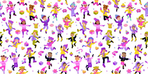 Christmas seamless pattern with jumping happy kids in bright winter clothes. Children isolated on white. Winter backdrop. Endless Hand-drawn vector flat illustration.