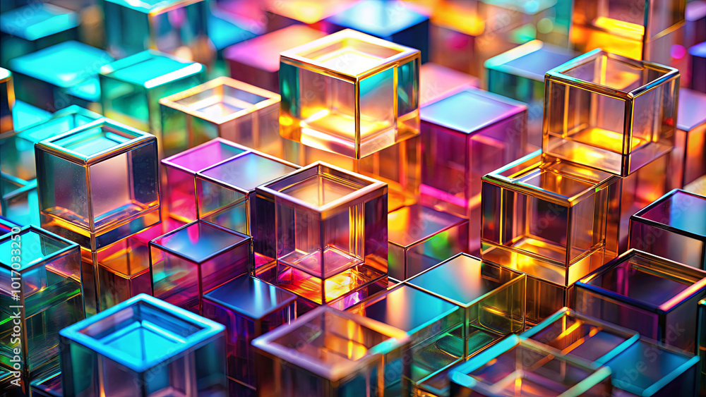 Poster a mesmerizing array of translucent cubes in various colors, beautifully arranged to reflect and refr