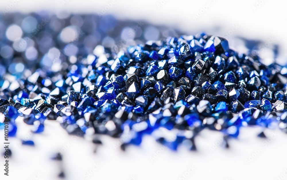 Poster close-up of sparkling blue gemstones scattered on a white surface creating a striking visual display