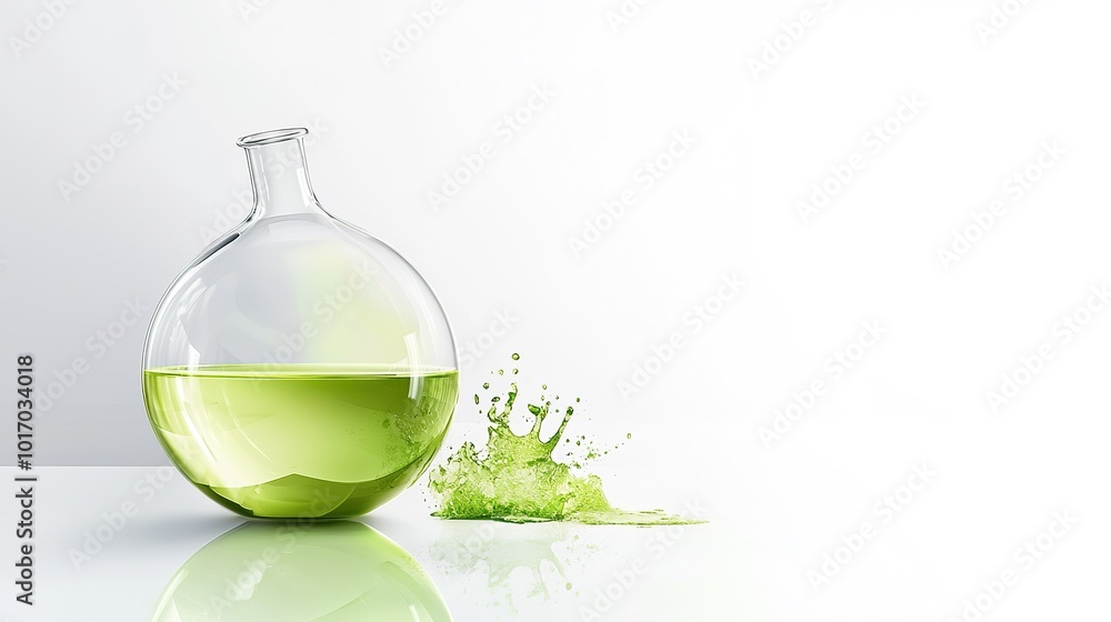 Poster green liquid splashes from a round glass flask on a bright surface, illustrating experimentation in 