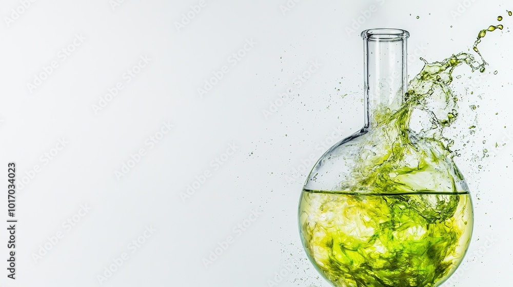 Poster laboratory flask containing green liquid splashing against a plain background during a scientific ex