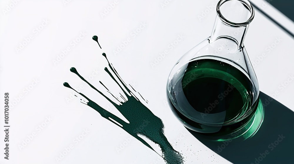 Poster green liquid spills from a flask creating artistic splatters on a white surface in a laboratory sett