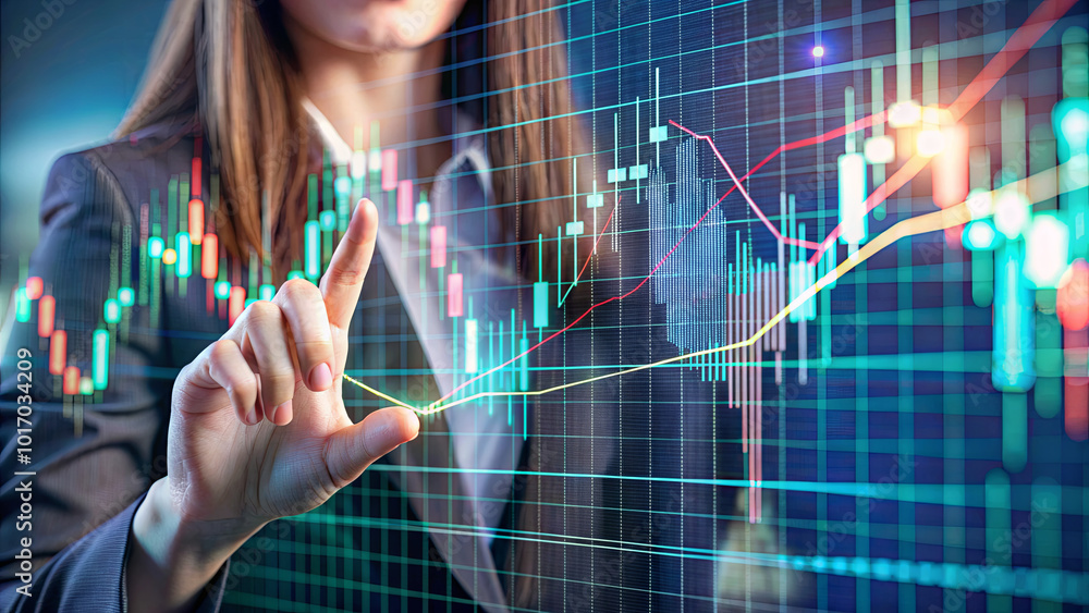 Poster a businesswoman is focused on interpreting financial trends displayed on a digital screen filled wit