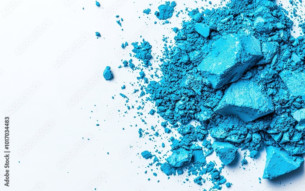 Poster vibrant blue pigment powder scattered on a white surface with chunks and fine particles creating a s
