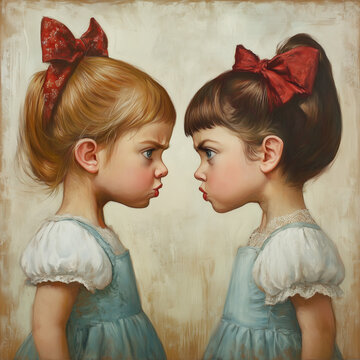 Two serious sisters facing off with intense expressions, showcasing sibling rivalry and playful competition