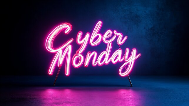 Pink neon sign spelling out "Cyber Monday" against a dark blue background.