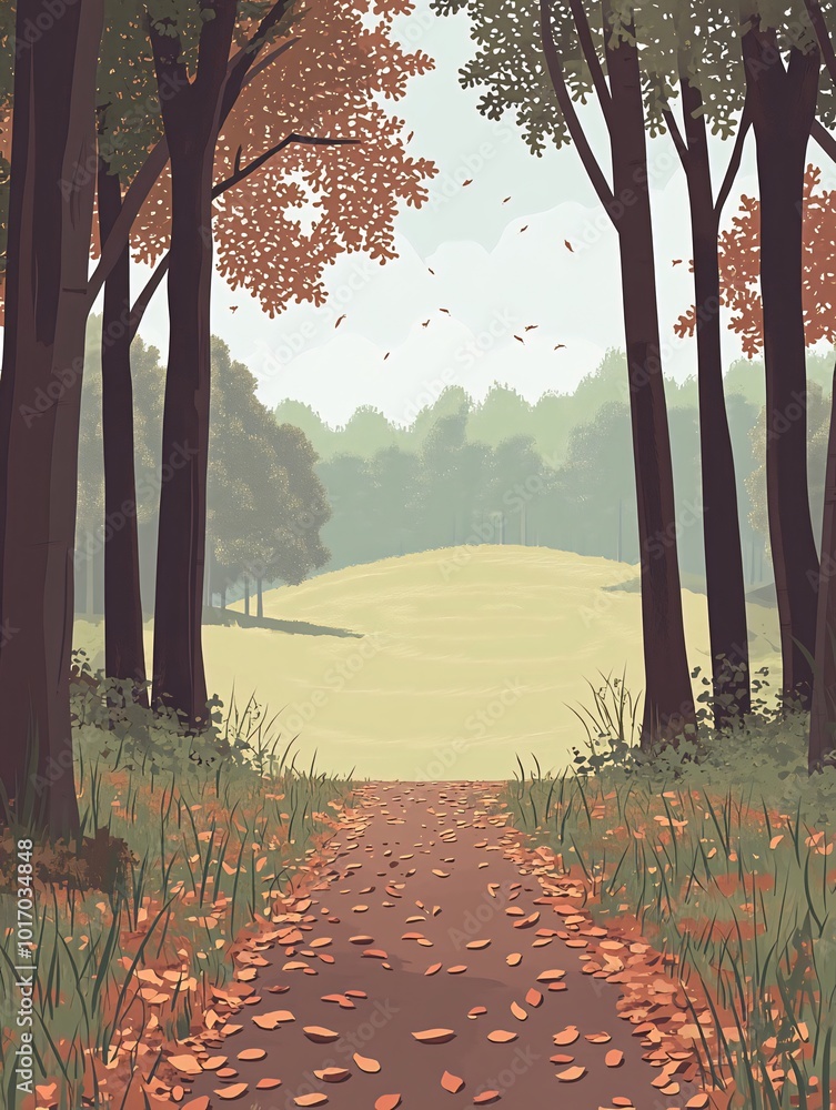 Poster a winding path through a forest with falling leaves in autumn.