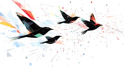 Abstract geometric illustration of three birds in flight with colorful burst.