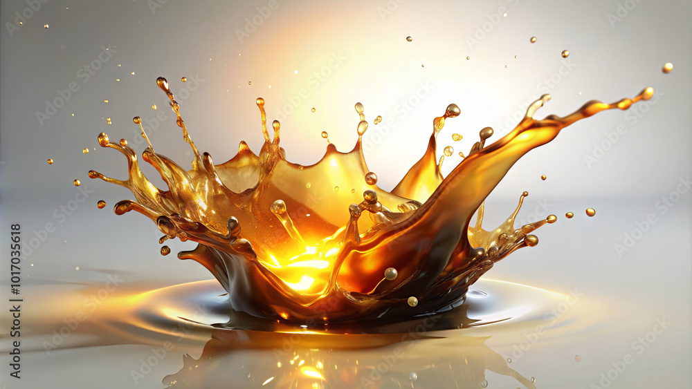 Poster a vibrant splash of golden liquid erupts, sending droplets flying in all directions while creating d