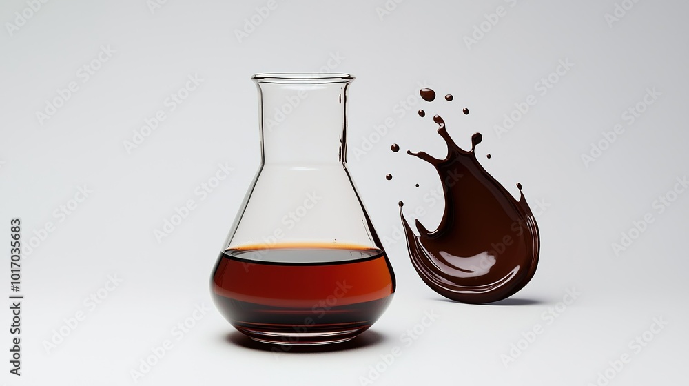 Poster dark liquid splashing from a laboratory flask on a clean white background, showcasing the interactio