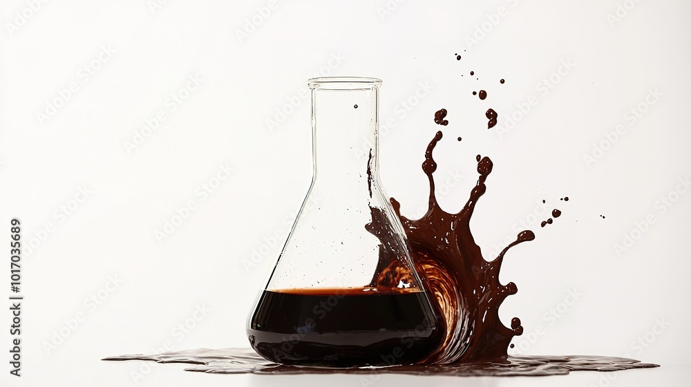 Poster liquid experiment with dark fluid splashing from a laboratory flask on a light background during a c