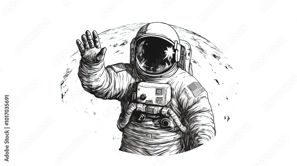 Poster astronaut on white backdrop greets with a simple hello