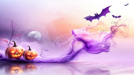 A whimsical Halloween watercolor background with melting pumpkins, flowing purple smoke, and swirling bats painted in soft, eerie colors.