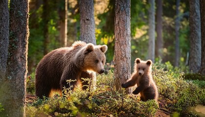 Fototapeta premium 青々と茂る森の中で、心豊かな子グマが木に登ったり、葉っぱをかき分けたりしながら遊んでいます。母グマは優しく見守りつつ、木の実や果物を見つけて食べている