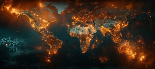 Obraz premium Realistic world map depicting nuclear explosions and flash impacts