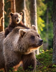 Obraz premium 青々と茂る森の中で、心豊かな子グマが木に登ったり、葉っぱをかき分けたりしながら遊んでいます。母グマは優しく見守りつつ、木の実や果物を見つけて食べている