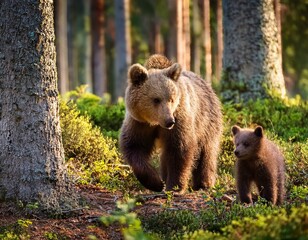 Fototapeta premium 青々と茂る森の中で、心豊かな子グマが木に登ったり、葉っぱをかき分けたりしながら遊んでいます。母グマは優しく見守りつつ、木の実や果物を見つけて食べている
