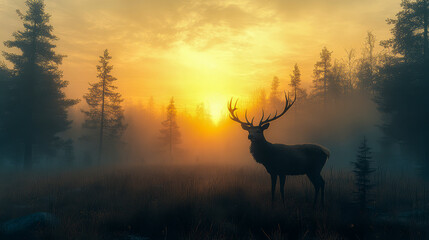 Lone Deer Silhouette in a Foggy Field at Dawn: Barely Visible Through Dense Mist and Fading Trees