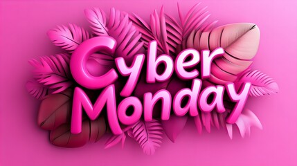 Obraz premium Cyber Monday sale banner with a tropical theme and pink color scheme.