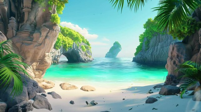 Idyllic cozy beach scene on a sunny day with crystal blue water and smooth rocks, inviting relaxation and tranquility.
 Seamless looping 4k time-lapse virtual video animation Generated AI