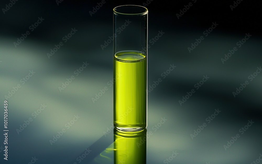 Poster bright green liquid in a clear test tube on a reflective surface with soft lighting creating an atmo