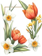 Colorful floral arrangement with tulips and daffodils, white isolated background.