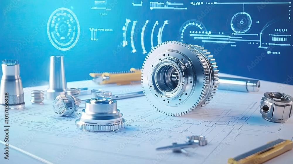 Aufkleber blueprint of a mechanical part with annotations and technical drawings, laid out on a workbench with