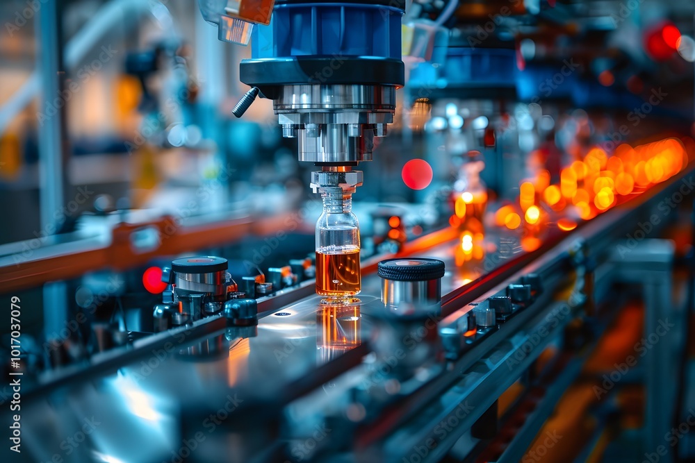 Poster automated production line for bottling liquid products in a modern factory